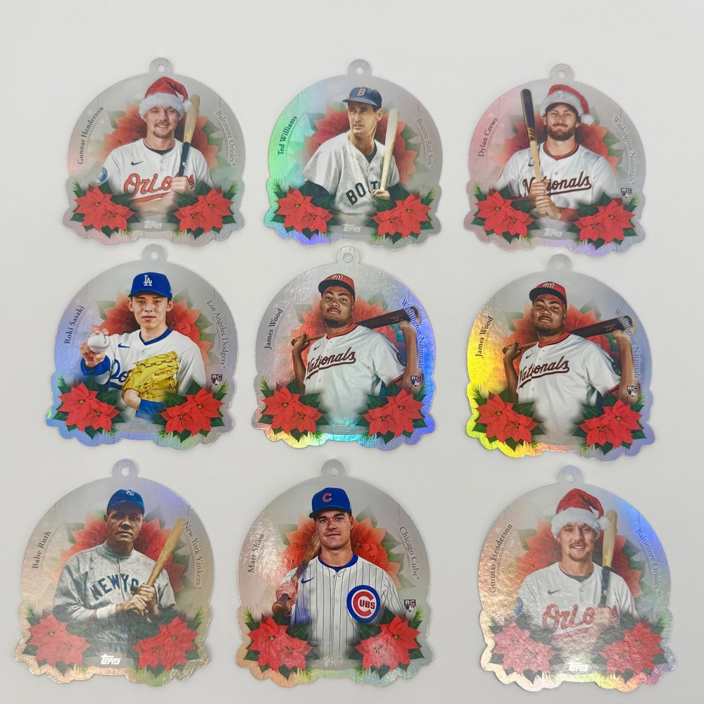 Topps MLB Holiday Baseball Card Ornament Lot 9pc Ruth Williams Henderson Wood